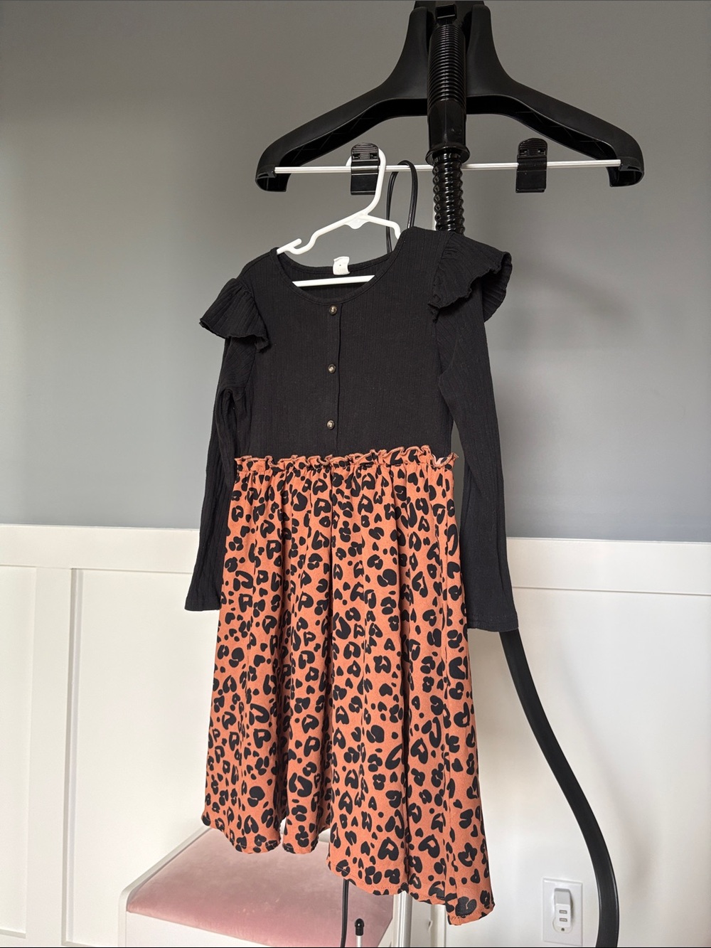 SHEIN Black Top with Rust Leopard Skirt Girls Dress